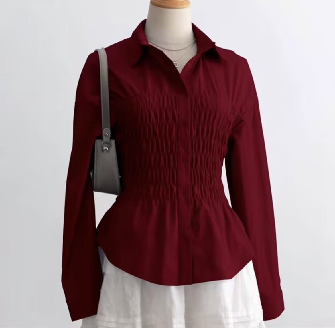 Women's Striped Shirt - Pleated Stand Collar Long Sleeve Shirt, Slim Fit, S-XL - Amora