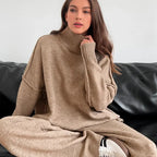 Women's High Neck Wool Blend Sweater - Loose Fit Chunky Knit Pullover, Camel, Coffee & Green, S-XXL - Amora