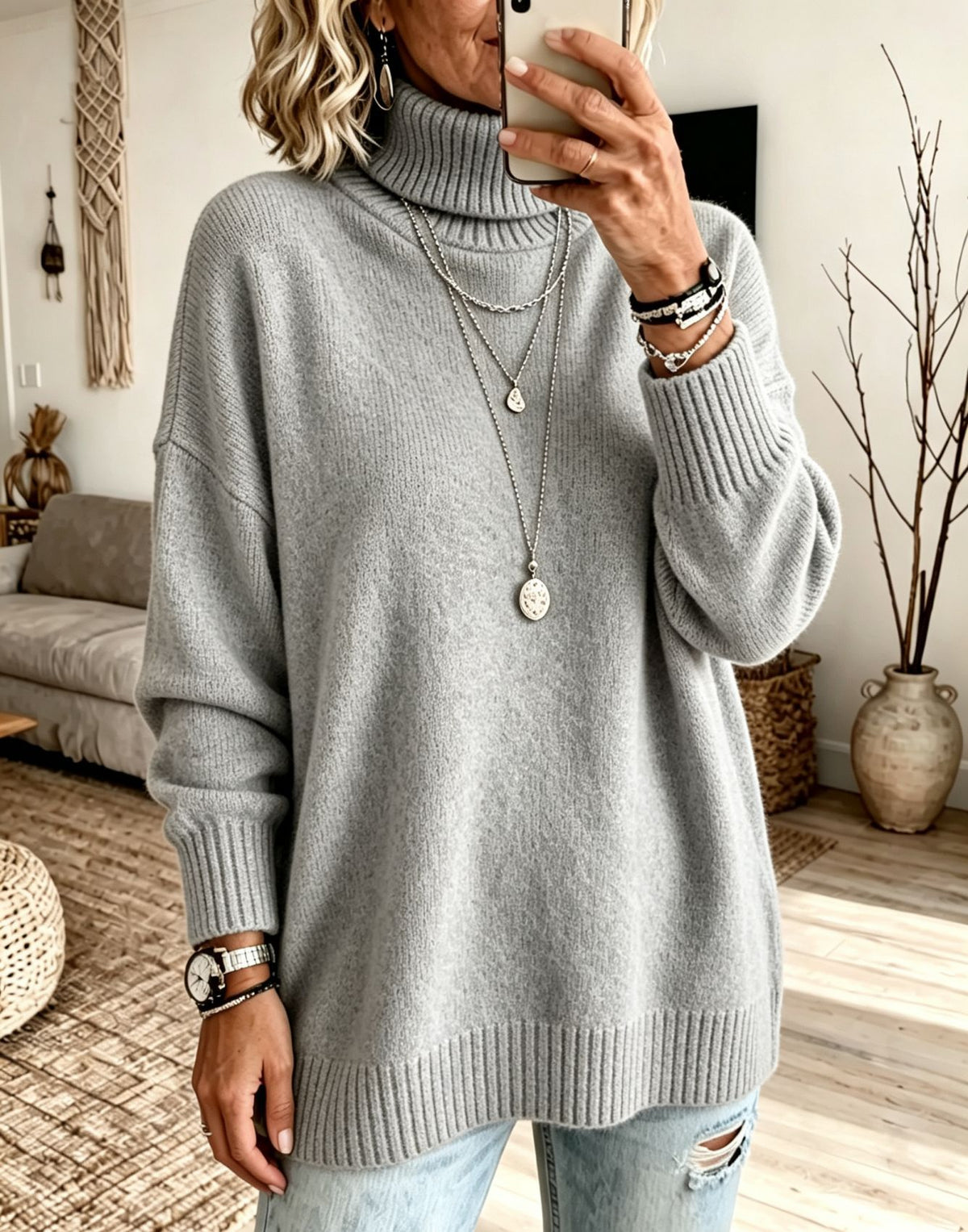 Women's High Neck Knit Sweater - Thick Loose Fit Pullover, Black, Grey & Emerald, S-3XL - Amora
