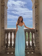 Women's Strapless Pleated Maxi Dress - Sleeveless Evening Dress, White or Sky Blue, S-L - Amora
