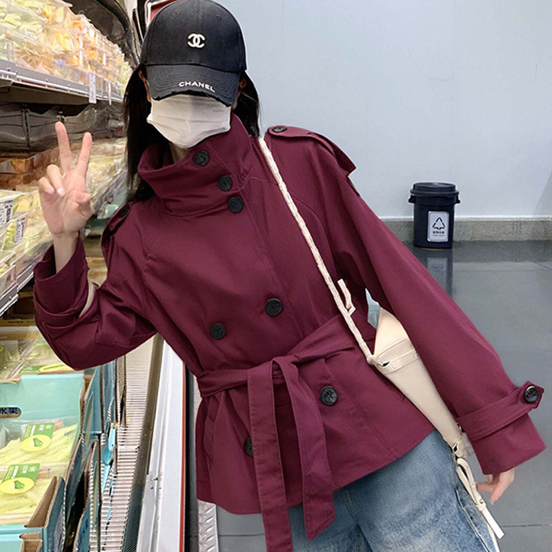 Women's Short Trench Coat - Double-Breasted Lapel Coat, Loose Fit, Burgundy, Khaki & Green, S-3XL - Amora