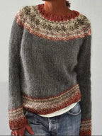 Women's Colourblock Jacquard Knit Sweater - Geometric Pattern Round Neck Pullover, Loose Fit, S-5XL - Amora