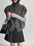Women's Mock Neck Knit Vest - Sleeveless Sweater Tank with Drawstring Waist, Khaki, Burgundy or Black - Amora