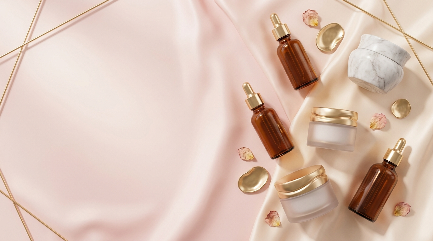 Amora Beauty hero banner — premium skincare flat lay
