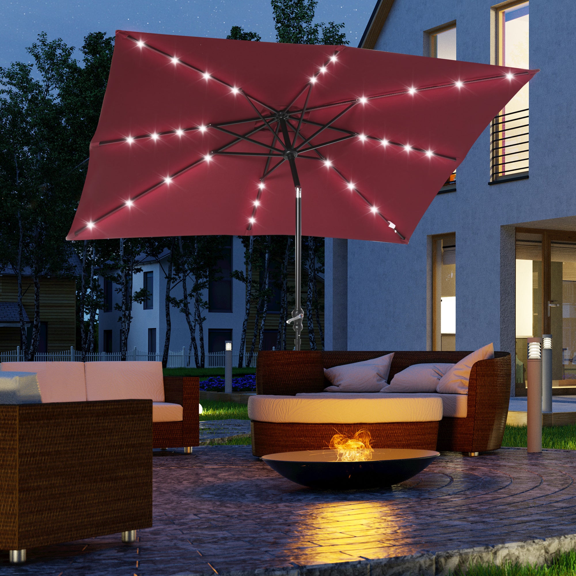 9Ft Solar LED Patio Umbrella Outdoor Table Market Shade Crank Red