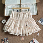 Women's Doll Collar Lace Trim Top - Cropped Short Sleeve Cotton Blouse, Brown or Beige, One Size - Amora