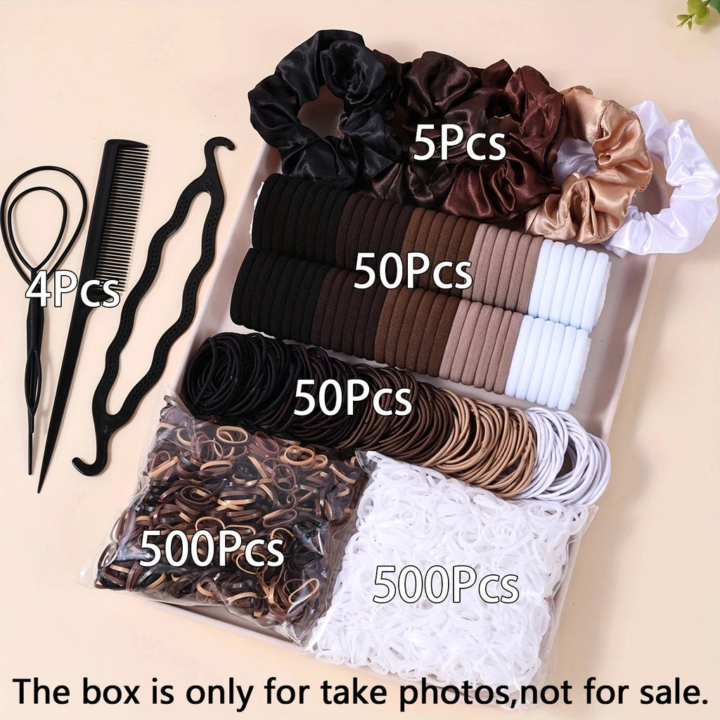 1109Pcs Women Dark Hair Accessories Set Elastic Seamless Ponytail Scrunchies Small Rubber Bands Fashion Hair Ties Headbands