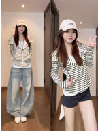 Women's Striped Zip-Up Hooded Cardigan - Lightweight Knit Hoodie Jacket, Slim Fit, S-XXL - Amora