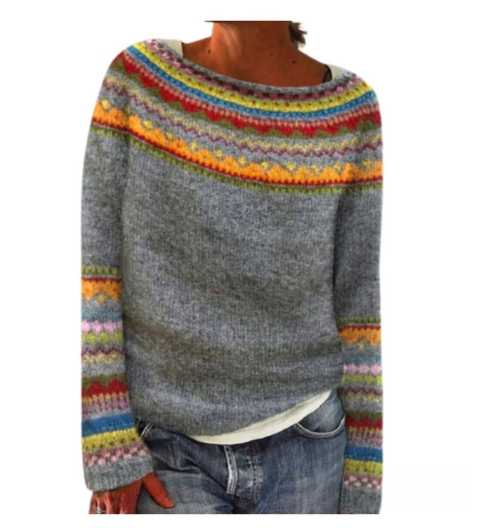 Women's Colourblock Jacquard Knit Sweater - Geometric Pattern Round Neck Pullover, Loose Fit, S-5XL - Amora
