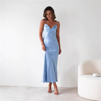 Women's Satin Slip Dress - Backless Strappy Maxi Dress, Light Blue, Pink, Yellow or Olive, S-XL - Amora