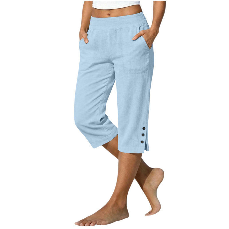 Women's Cotton Linen Cropped Trousers - High Waist Loose Fit Pants with Pockets, Six Colours, XS-5XL - Amora