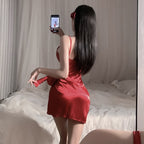 Women's Deep V Pyjama Set - Slim Fit Ruched Strap Loungewear, Red, Black, White or Purple, S-L - Amora