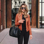 Women's Faux Leather Jacket - PU Stand Collar Slim Fit Blazer Jacket, Twelve Colours, S-5XL - Amora