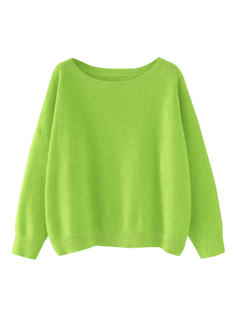 Women's Round Neck Knit Sweater - Loose Fit Long Sleeve Pullover, Grey or Green, S-XL - Amora