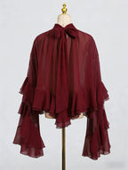 Women's Mesh Bell Sleeve Blouse - Ruffle Trim Half Turtleneck Top, Off-White, Brown or Black, S-XL - Amora