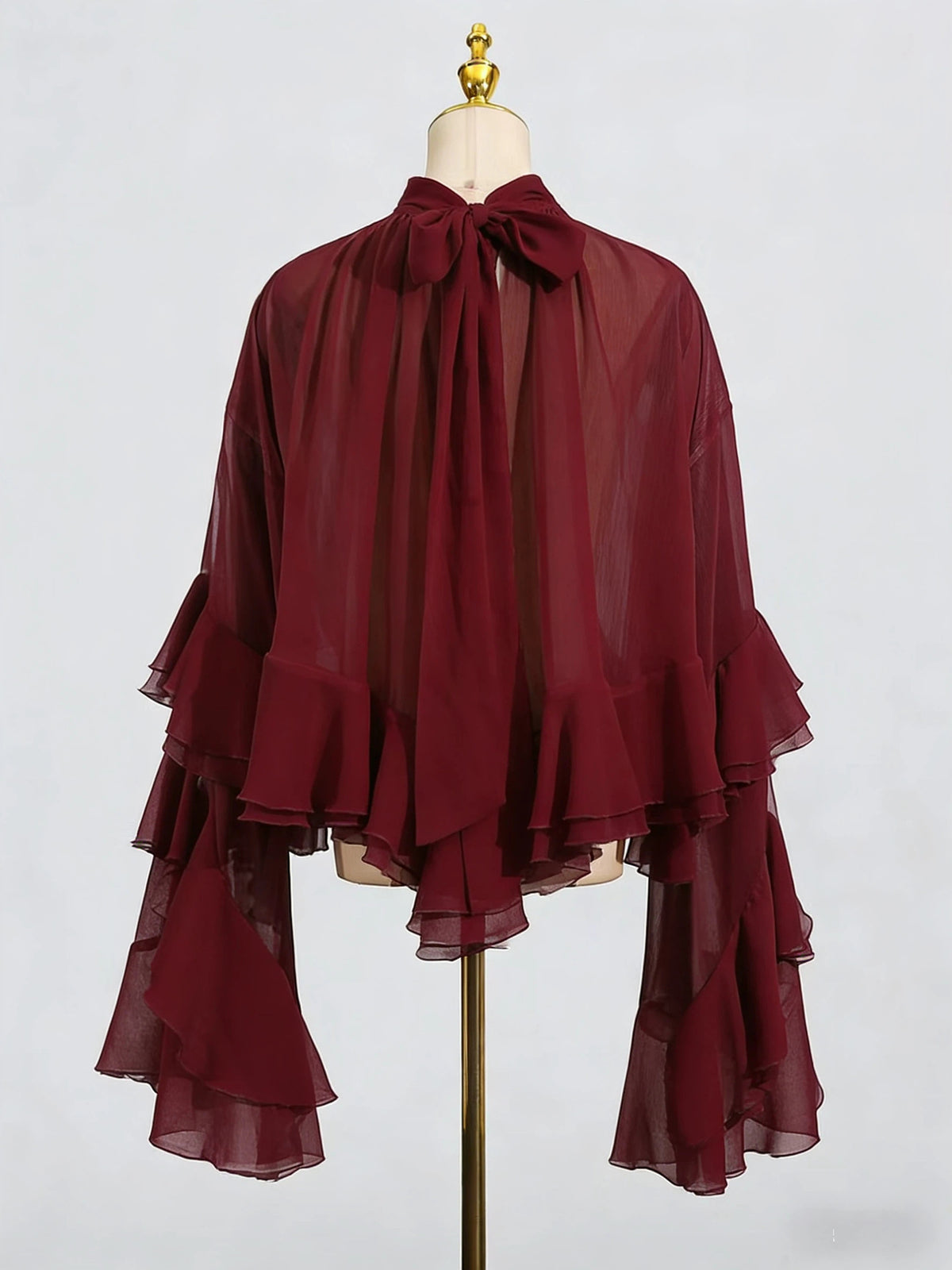 Women's Mesh Bell Sleeve Blouse - Ruffle Trim Half Turtleneck Top, Off-White, Brown or Black, S-XL - Amora