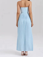 Women's Strapless Pleated Maxi Dress - Sleeveless Evening Dress, White or Sky Blue, S-L - Amora