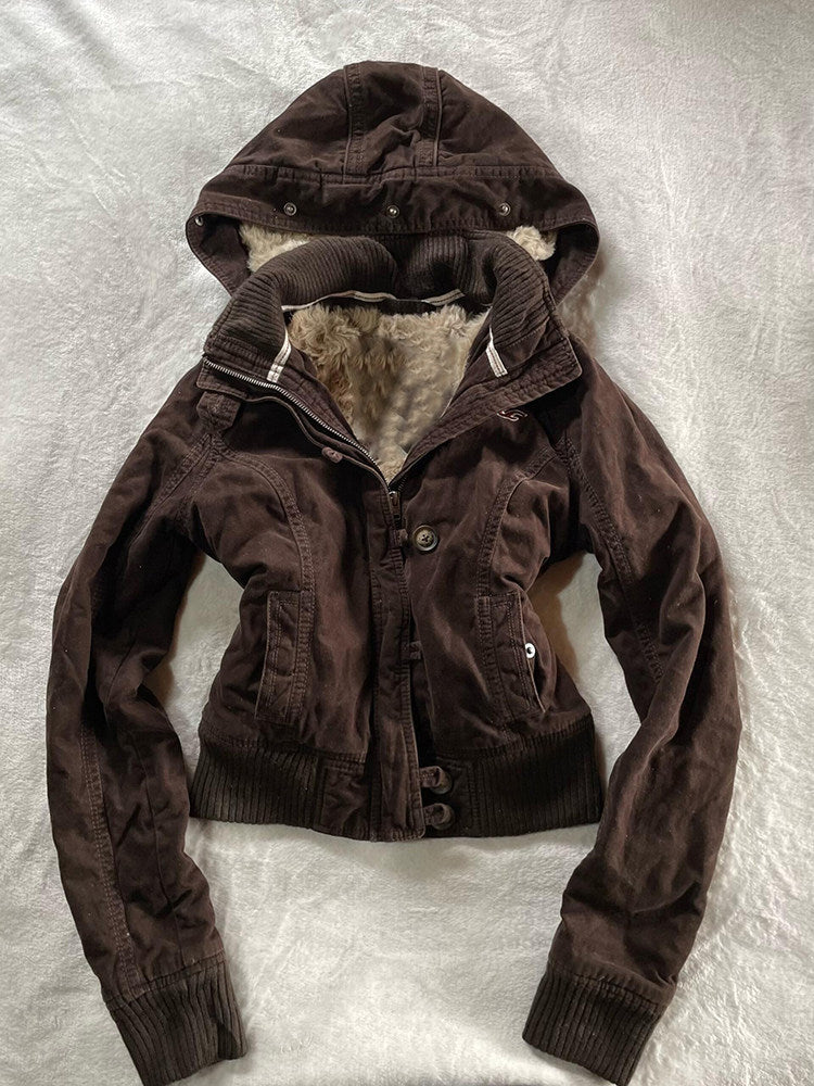 Women's Hooded Faux Fur Collar Jacket - Retro Waist-Cinching Short Winter Coat, Brown, S-XL - Amora