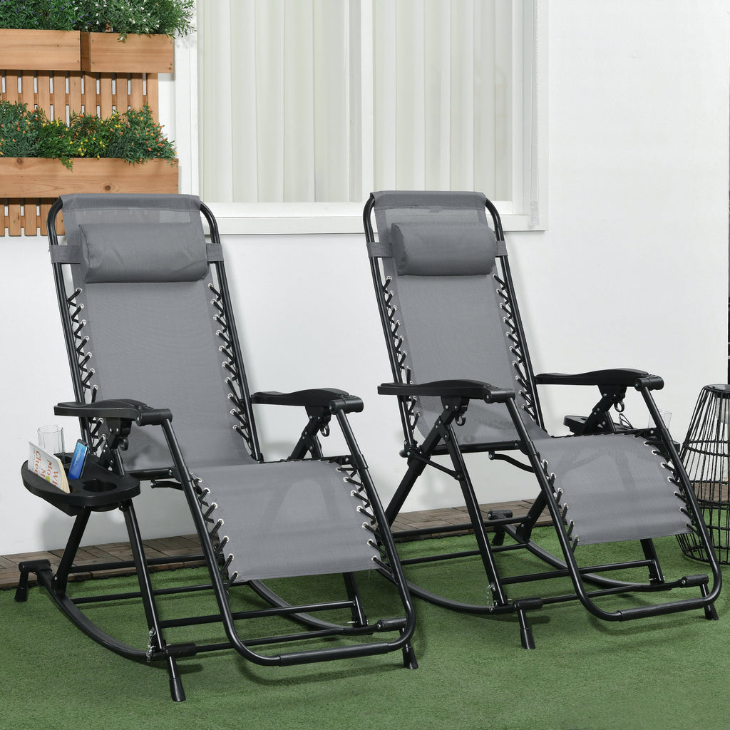 2 Outdoor Rocking Chairs Foldable Reclining Zero Gravity Lounge Rockers W/ Pillow Cup & Phone Holder, Gray