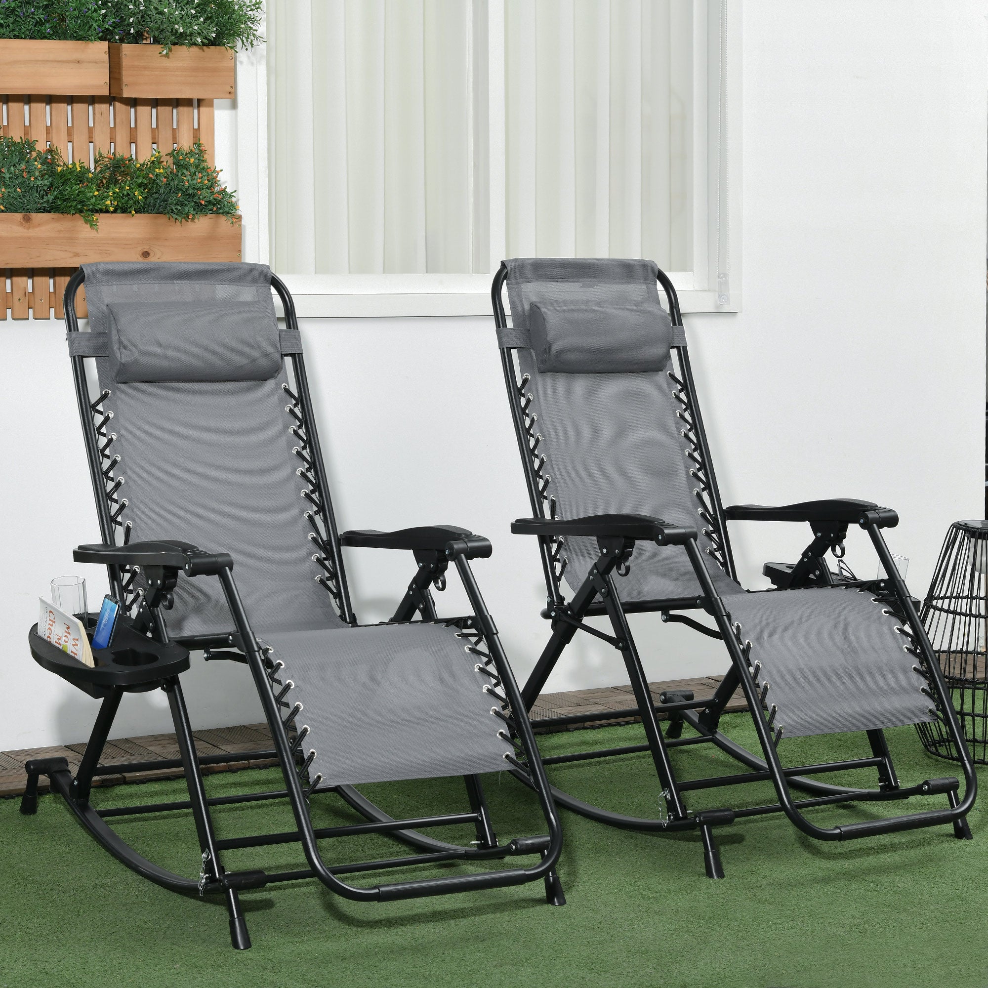 2 Outdoor Rocking Chairs Foldable Reclining Zero Gravity Lounge Rockers W/ Pillow Cup & Phone Holder, Gray