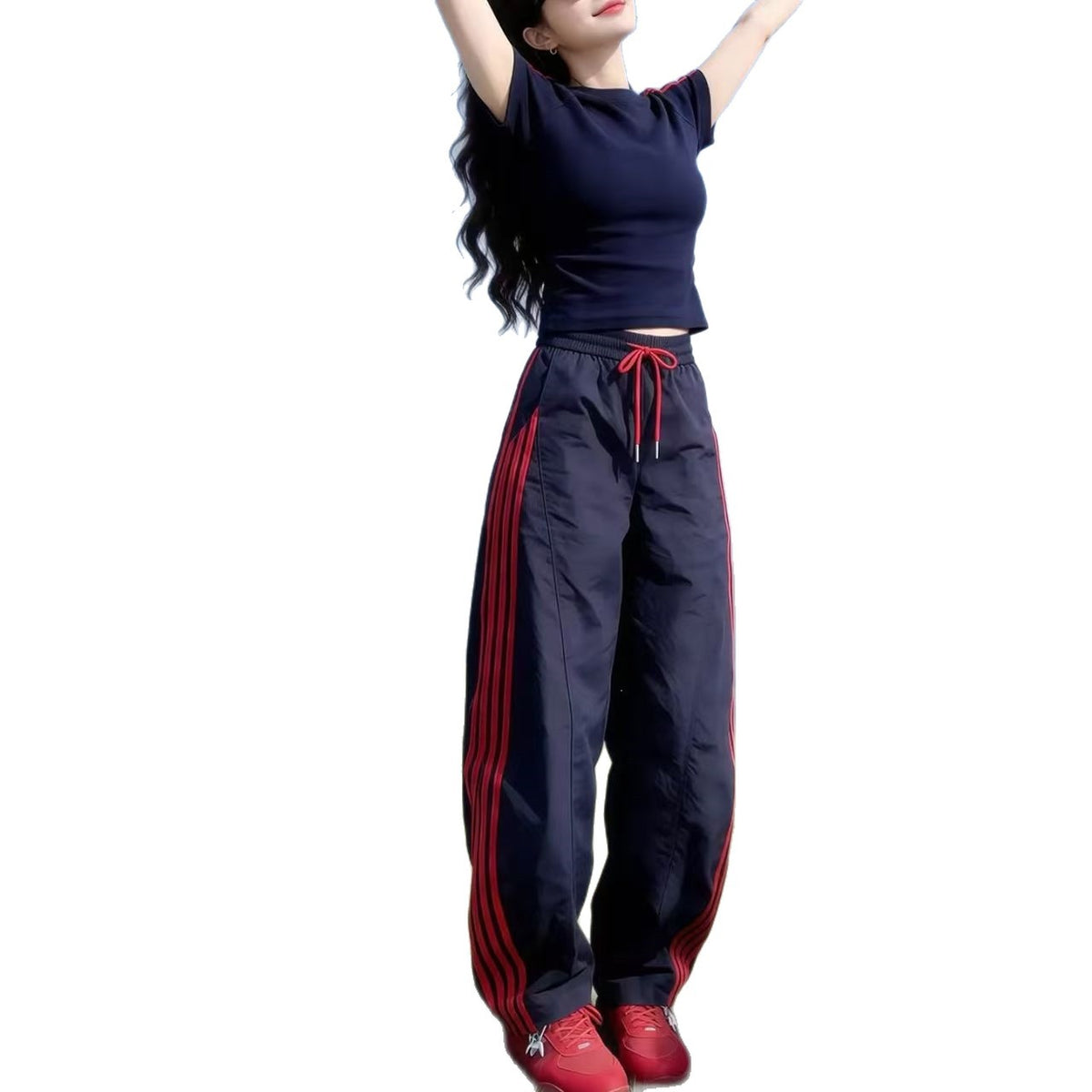 Women's Striped Two Piece Set - Tie Waist Top and Wide Leg Trousers, Navy Blue, M-4XL - Amora