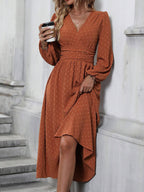 Women's Lantern Sleeve Maxi Dress - Pleated Waist V-Neck Dress with Pom Detail, Burgundy, Navy or Black, S-XXL - Amora