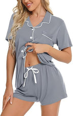 Women's Lapel Pyjama Set - Short Sleeve Top and Shorts Loungewear, Thirteen Patterns, XS-3XL - Amora