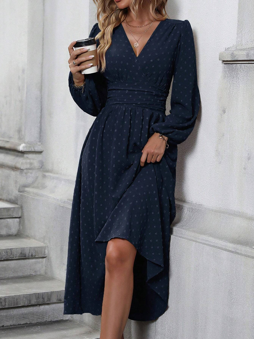 Women's Lantern Sleeve Maxi Dress - Pleated Waist V-Neck Dress with Pom Detail, Burgundy, Navy or Black, S-XXL - Amora