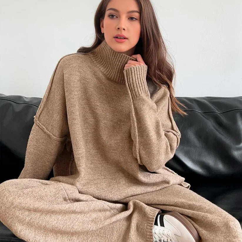 Women's High Neck Wool Blend Sweater - Loose Fit Chunky Knit Pullover, Camel, Coffee & Green, S-XXL - Amora