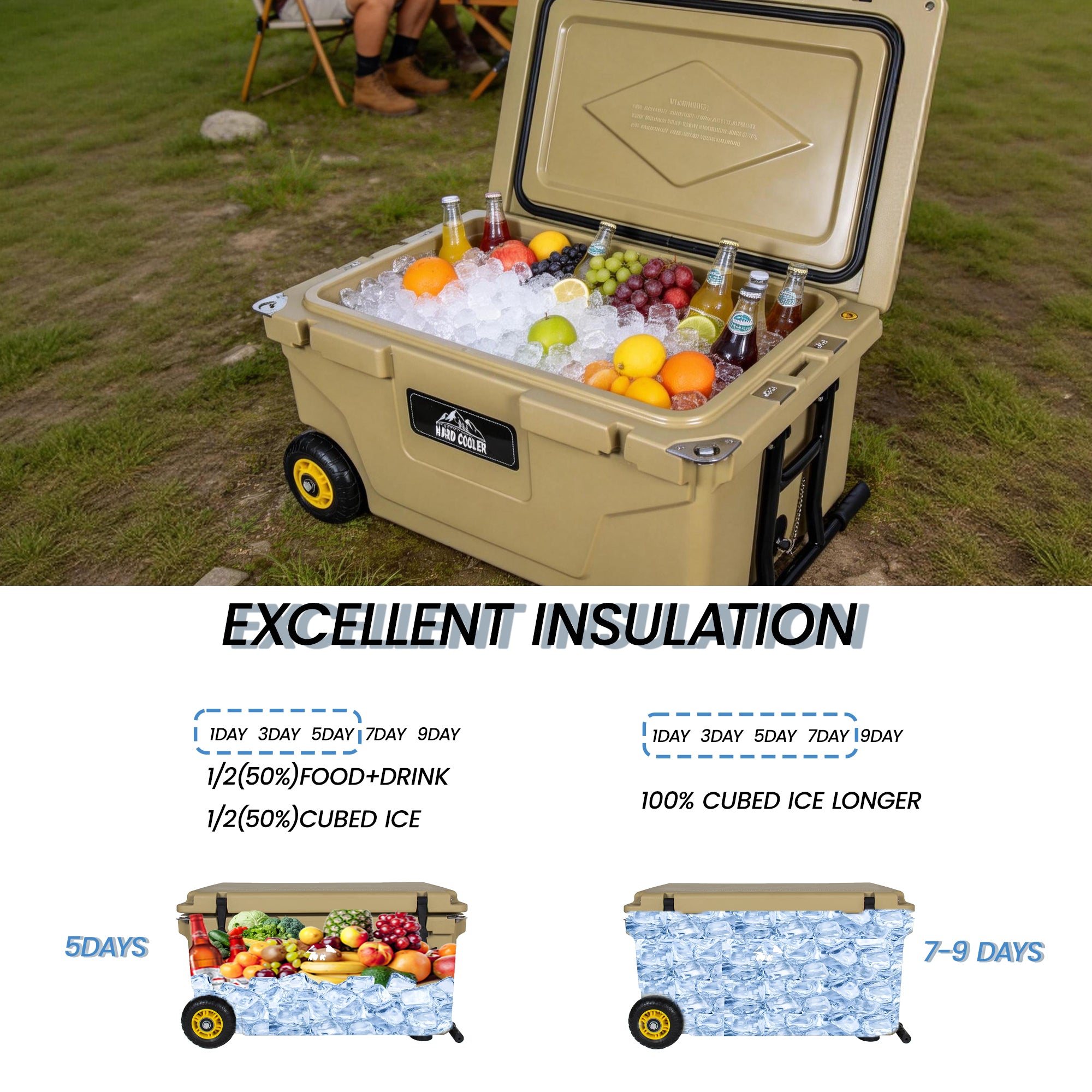 65 Quart Khaki Cooler, Ultra-Tough Hard Shell Ice Chest - Heavy-Duty Insulated Portable Cooler with 6-Day Ice Retention for Camping, Job Site, Tailgating, Beach & Fishing