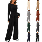 Women's Two Piece Set - Asymmetric Long Sleeve Top and Wide Leg Trousers, Eight Colours, XS-XL - Amora