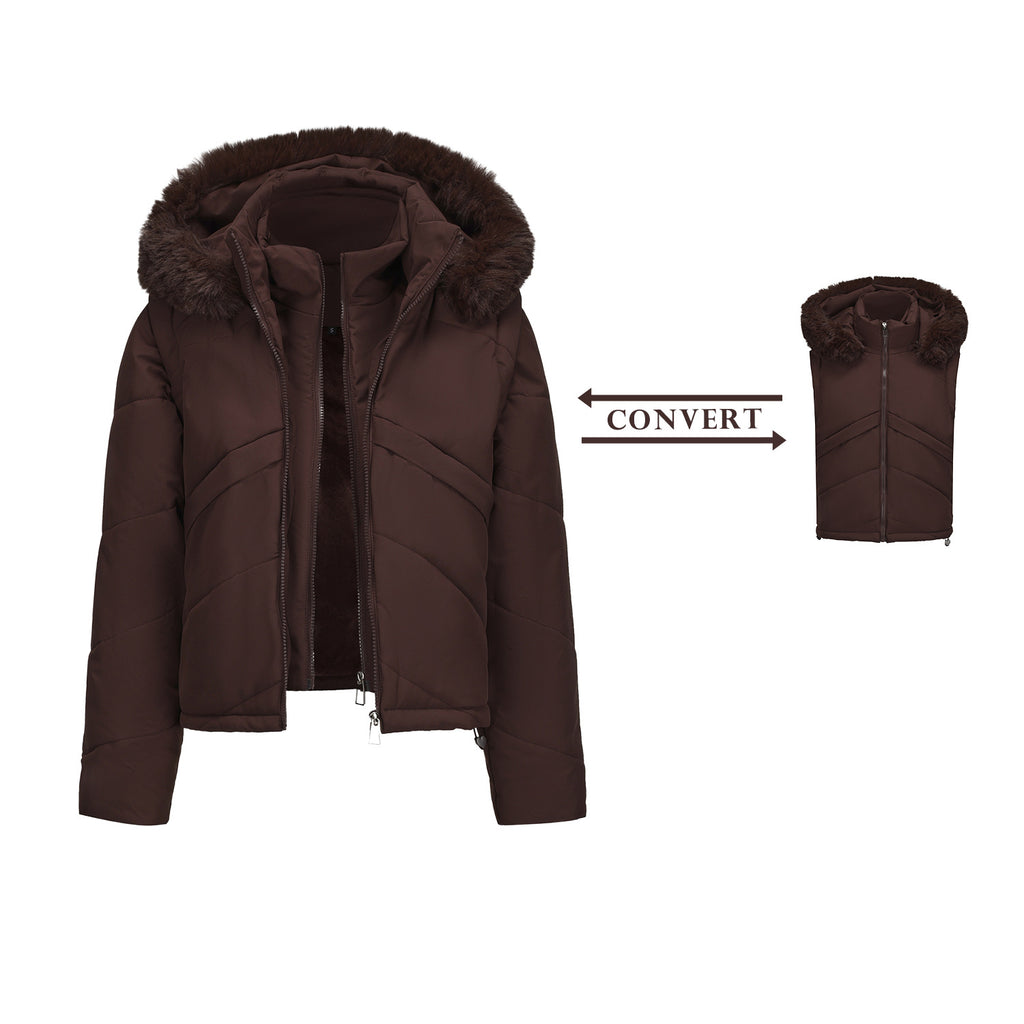 Women's Padded Hooded Jacket - Removable Sleeves & Faux Fur Collar Winter Coat, Black, Grey or Brown, S-XXL - Amora