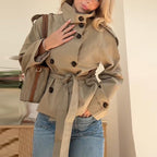 Women's Double-Breasted Short Coat - Retro Belted Windbreaker Jacket, Khaki, Burgundy or Black, S-L - Amora