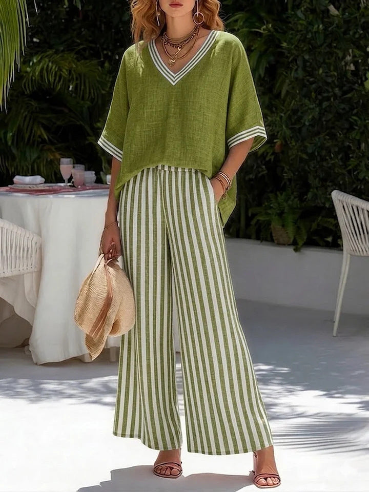 Women's Two Piece Set - V-Neck Top and Striped Wide Leg Cropped Trousers, Seven Colours, S-4XL - Amora