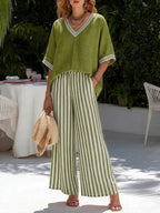 Women's Two Piece Set - V-Neck Top and Striped Wide Leg Cropped Trousers, Seven Colours, S-4XL - Amora