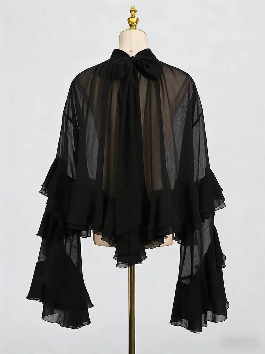 Women's Mesh Bell Sleeve Blouse - Ruffle Trim Half Turtleneck Top, Off-White, Brown or Black, S-XL - Amora