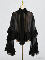 Women's Mesh Bell Sleeve Blouse - Ruffle Trim Half Turtleneck Top, Off-White, Brown or Black, S-XL - Amora
