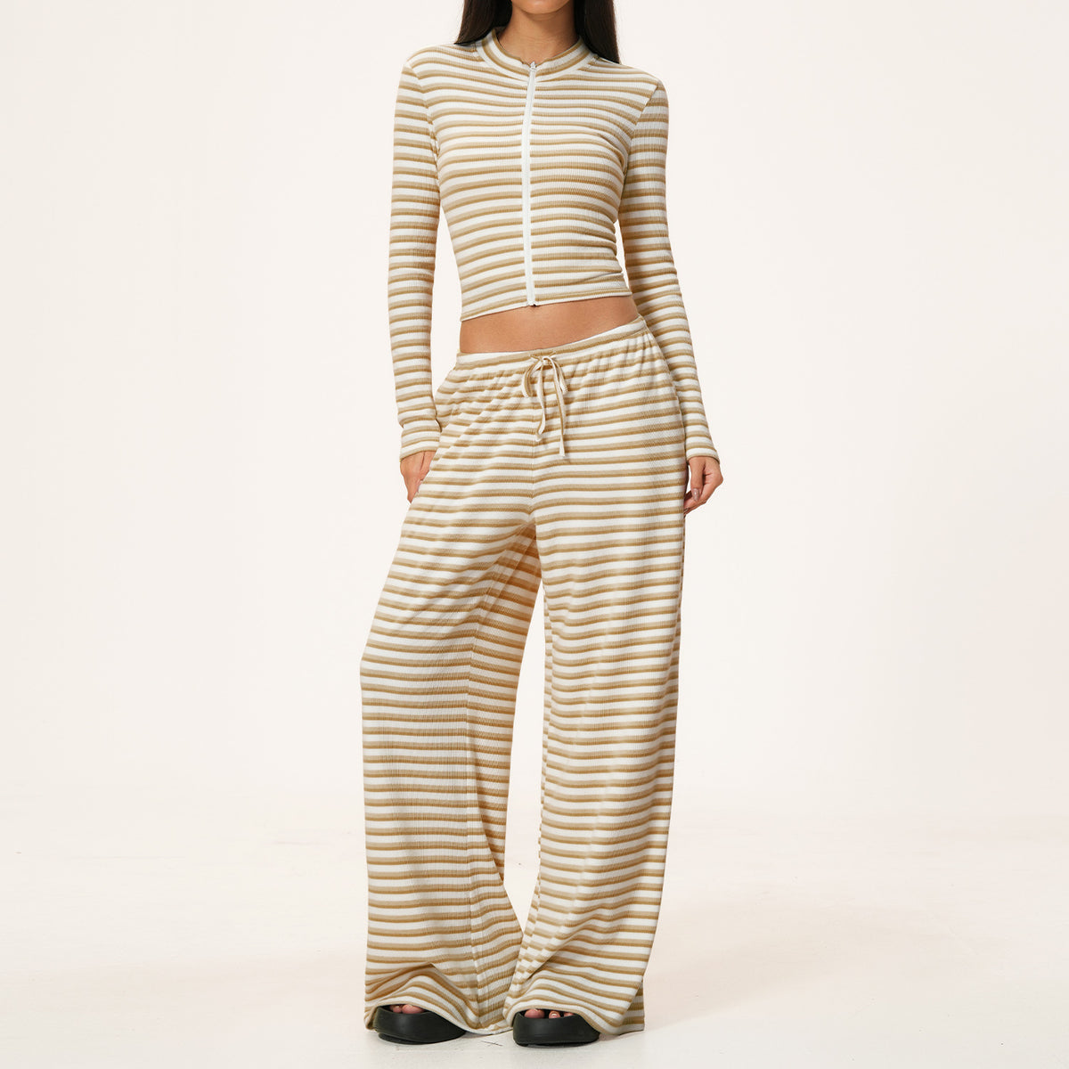 Women's Yoga Set - Contrast Stripe Top and Wide Leg Trousers, Five Colourways, S-XL - Amora