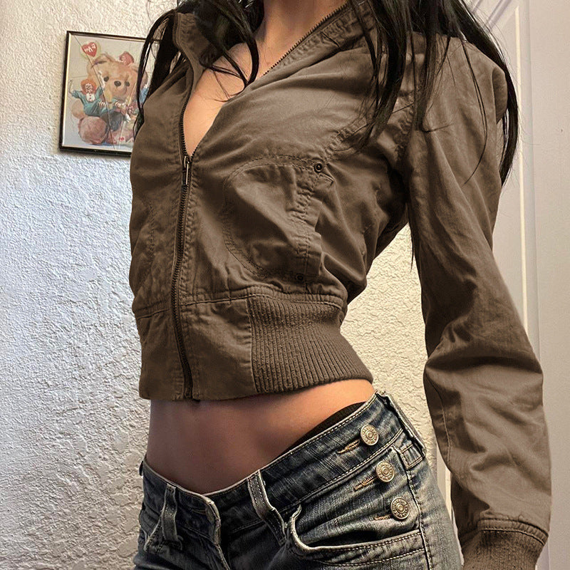 Women's Faux Leather Jacket - Cropped High Neck Zip-Up Moto Jacket, Vintage Brown, S-L - Amora