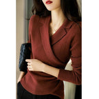 Women's Slim Fit Knit Sweater - Cropped Suit Collar Pullover, Soft Polyester Blend, One Size - Amora