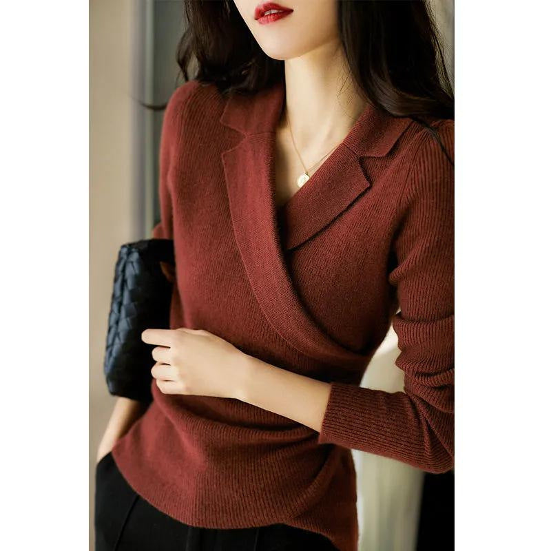 Women's Slim Fit Knit Sweater - Cropped Suit Collar Pullover, Soft Polyester Blend, One Size - Amora