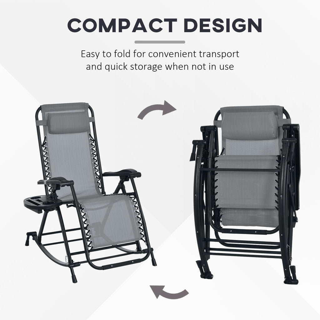 2 Outdoor Rocking Chairs Foldable Reclining Zero Gravity Lounge Rockers W/ Pillow Cup & Phone Holder, Gray