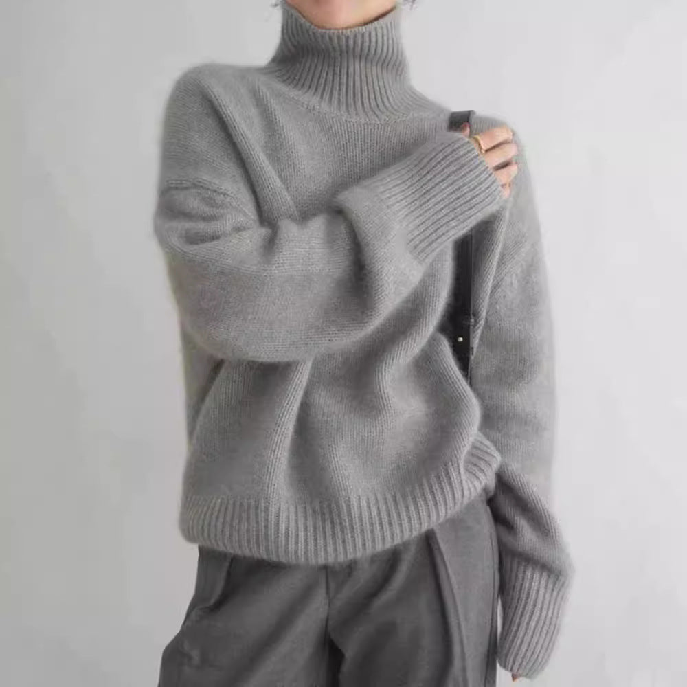 Women's Wool Blend Turtleneck Sweater - Thick Loose Knit Winter Pullover, Camel, Navy & Grey, XS-XL - Amora