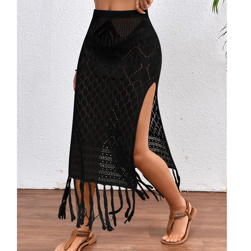 Women's Fringed Skirt - High Slit Tassel Trim Skirt, Black, White or Apricot, S-L - Amora