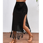 Women's Fringed Skirt - High Slit Tassel Trim Skirt, Black, White or Apricot, S-L - Amora