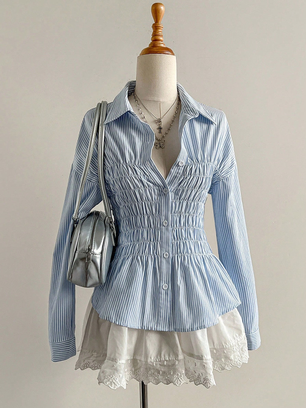 Women's Striped Shirt - Pleated Stand Collar Long Sleeve Shirt, Slim Fit, S-XL - Amora