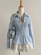 Women's Striped Shirt - Pleated Stand Collar Long Sleeve Shirt, Slim Fit, S-XL - Amora