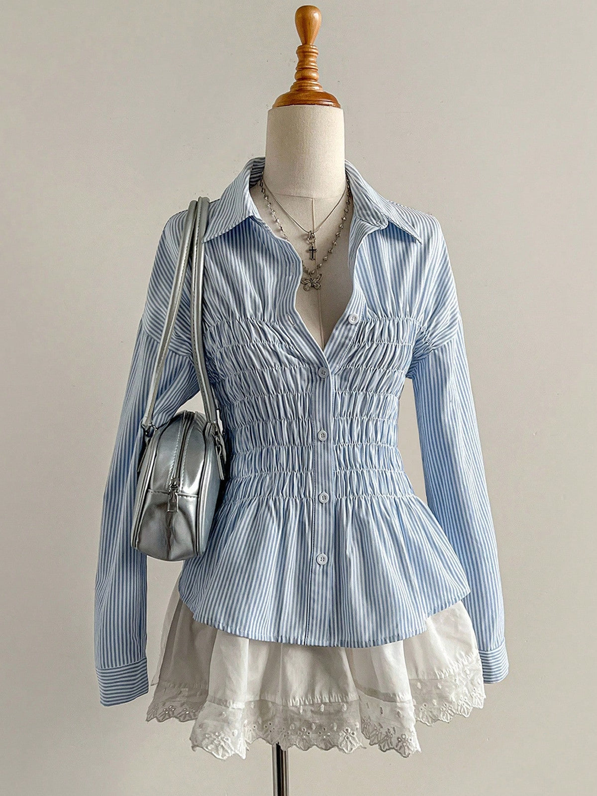 Women's Striped Shirt - Pleated Stand Collar Long Sleeve Shirt, Slim Fit, S-XL - Amora