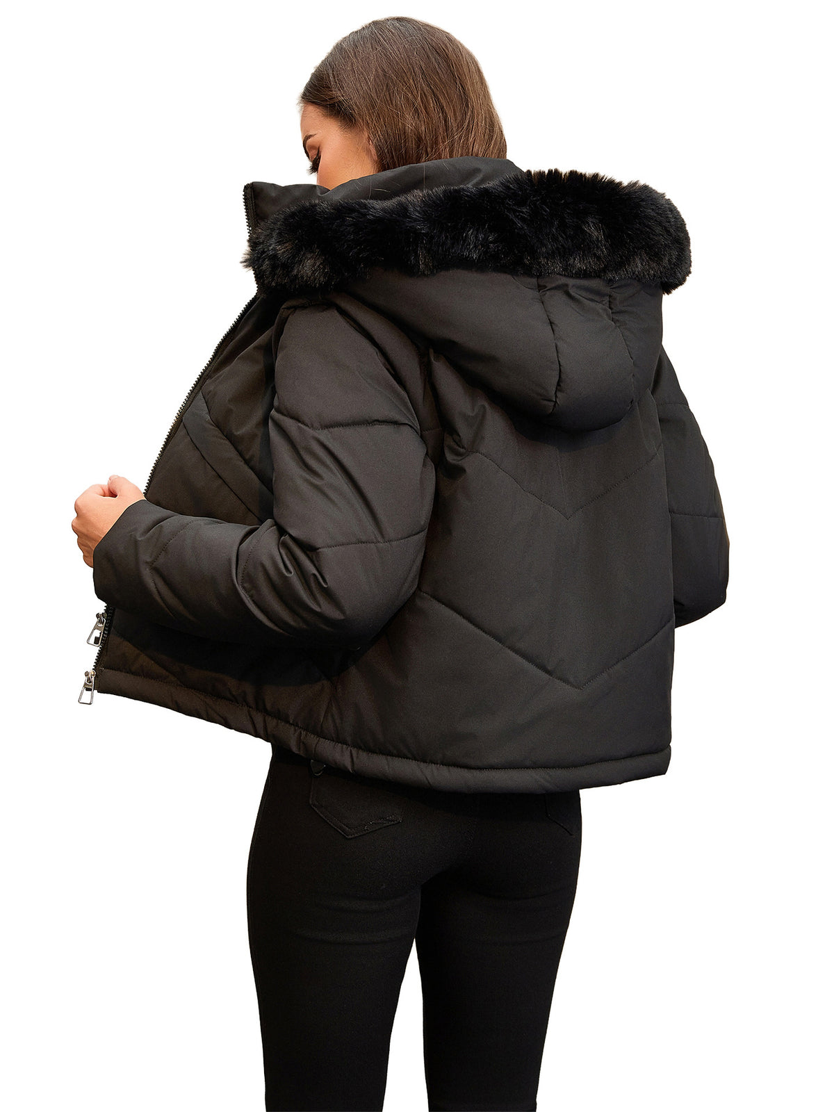 Women's Padded Hooded Jacket - Removable Sleeves & Faux Fur Collar Winter Coat, Black, Grey or Brown, S-XXL - Amora