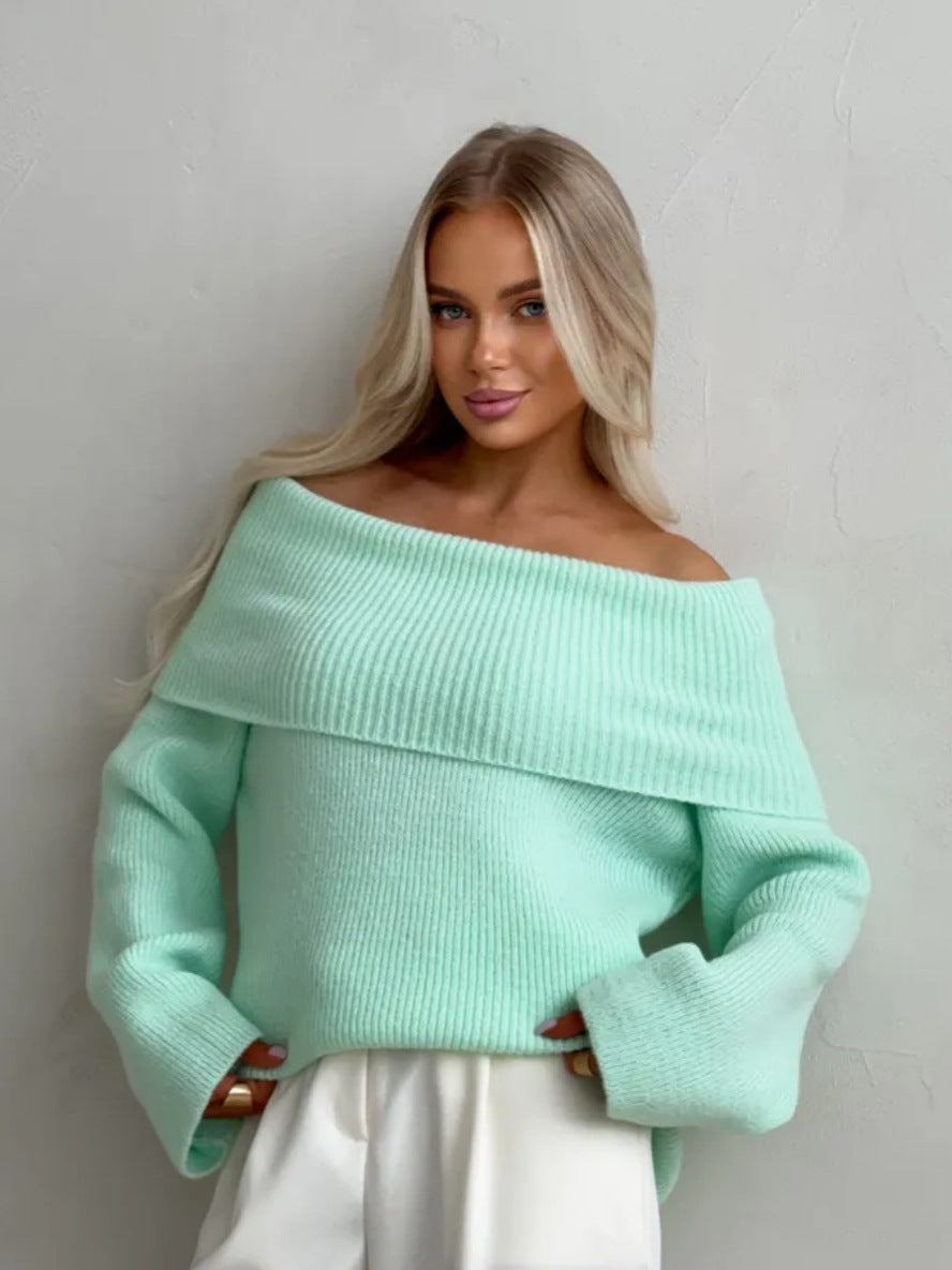 Women's Off-Shoulder Knit Sweater - Thick Lapel Collar Pullover, Seven Colours, One Size - Amora